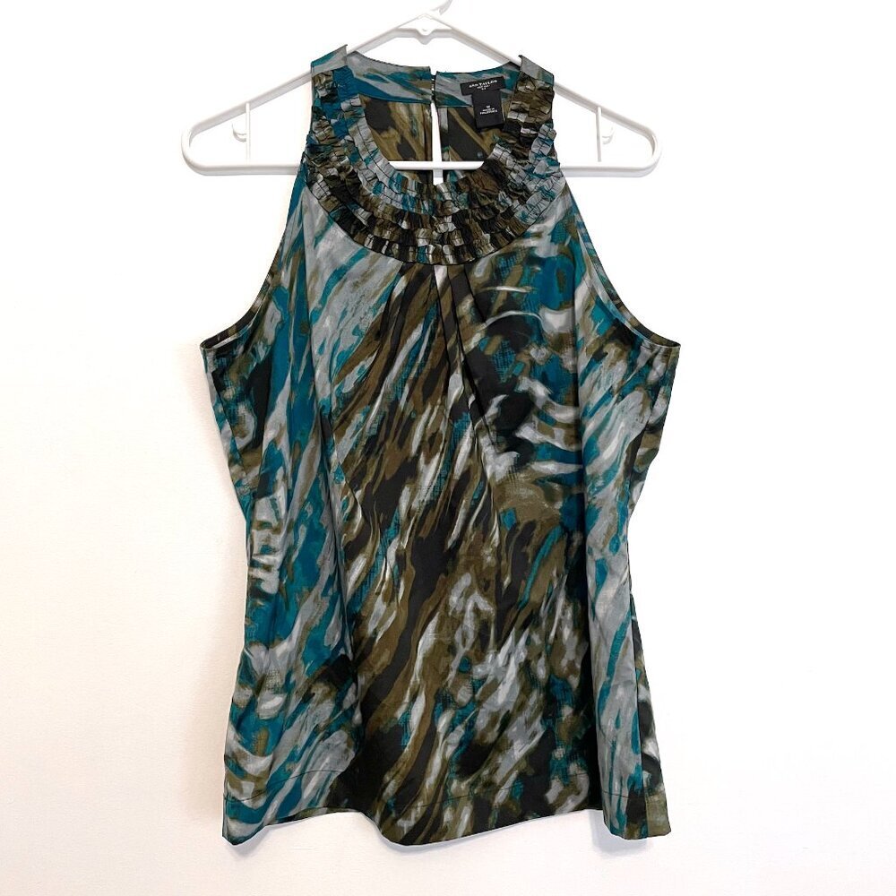 ANN TAYLOR Olive Green Teal Abstract Geometric Geo Halter Sleeveless Tank Blouse